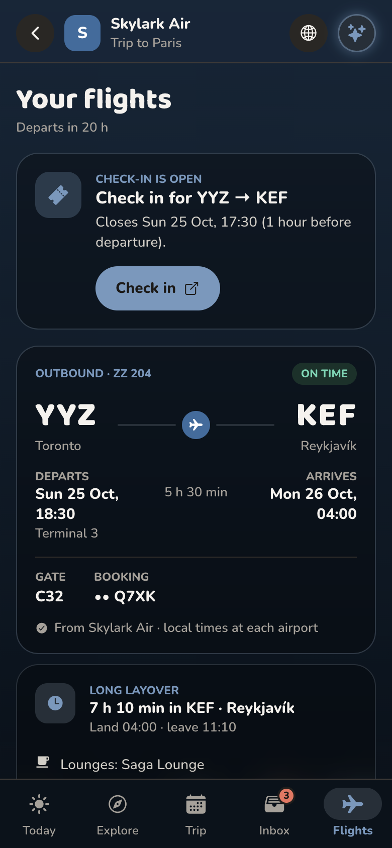 Skylark Air flights: YYZ to KEF, on time, with check-in and a layover in Reykjavík
