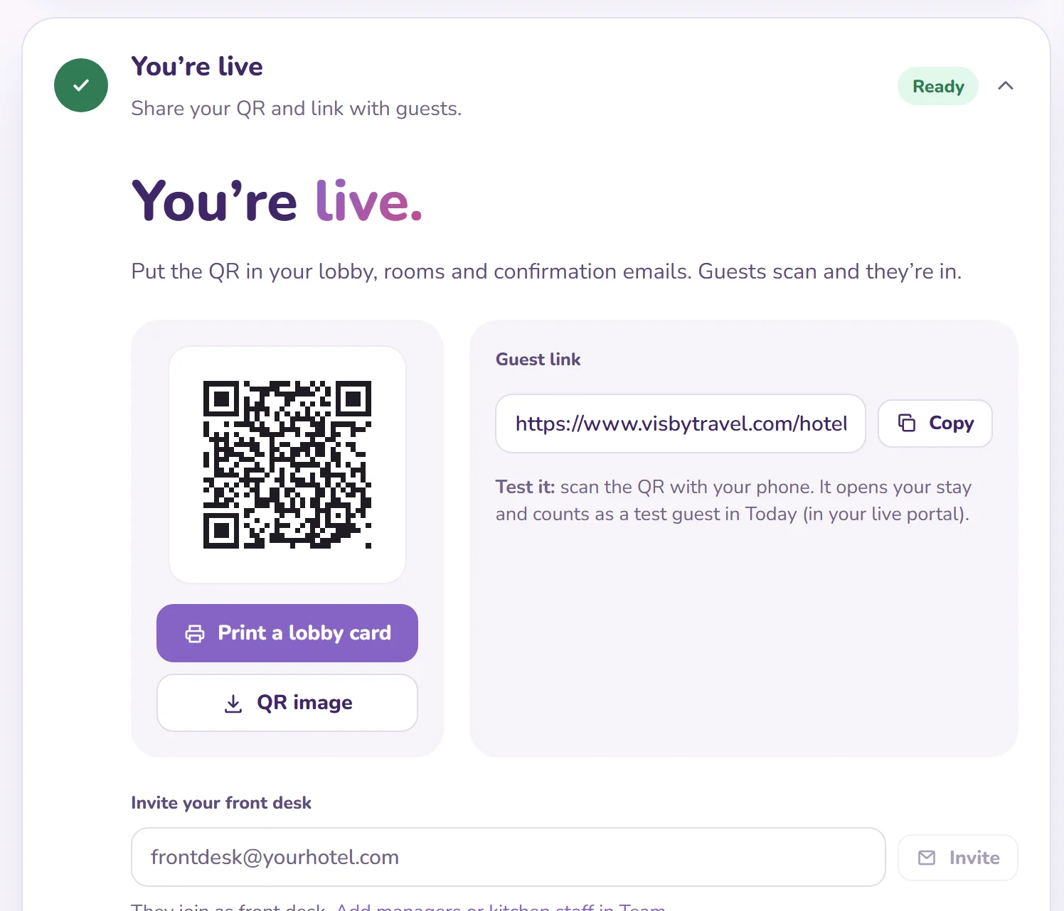 The “You’re live” screen with the lobby QR code and guest link