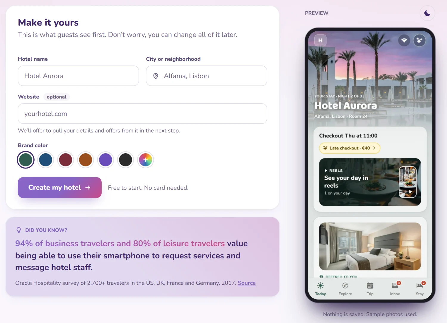 The start page with the hotel name, city and brand color next to a phone preview