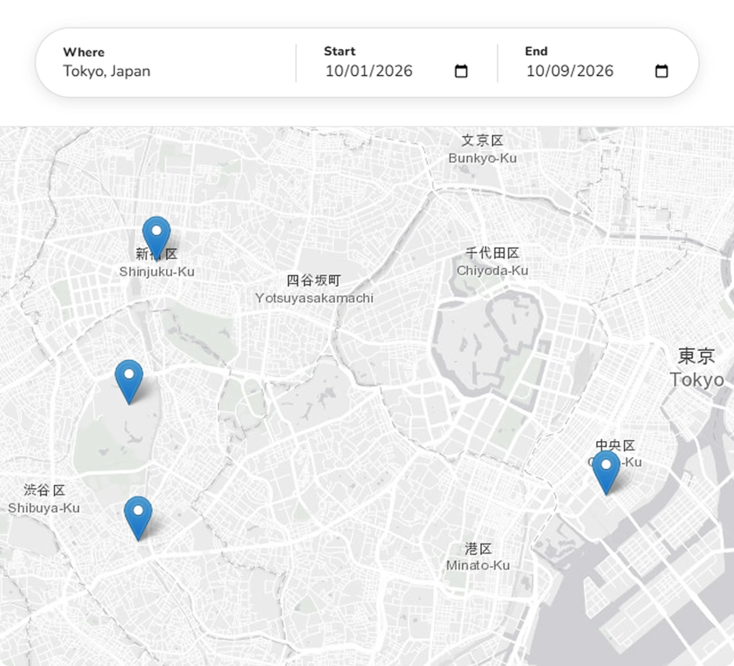 Map of popular spots with a Where, Start, and End search bar