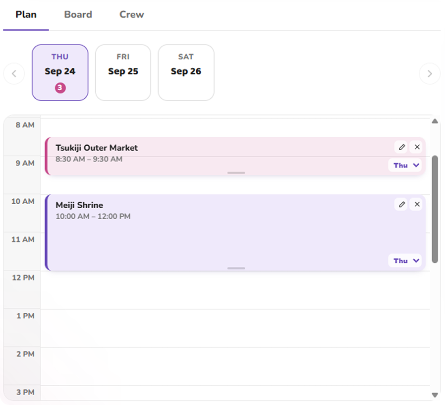 Plan tab showing a day-by-day itinerary