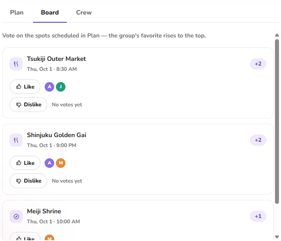 Board tab showing the group voting on spots